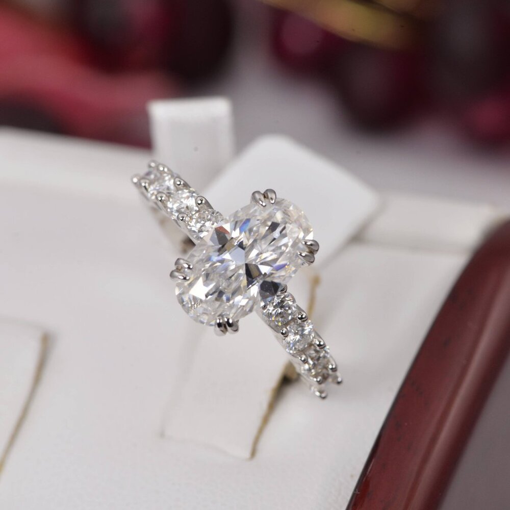 Certified 7.5 tcw Oval Cut Moissanite Engagement Ring